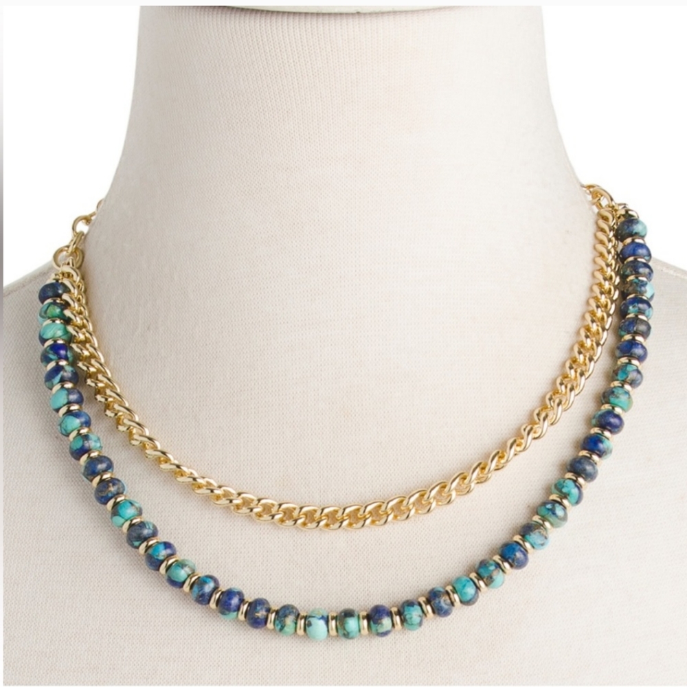 Kendra Scott Rebecca Multi Strand Necklace Bronze Veined Lapis Turquoise Gold 🆕 - Picture 5 of 10